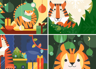 Naklejka premium Different Year of the Tiger banners. Holiday placard designs in flat style.