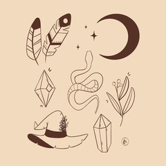 Halloween collection - Sorcière, plume, lune, serpent, diamant, plante... Croquis