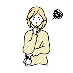 立って手をあごにあてて困っているリモートワークの女性