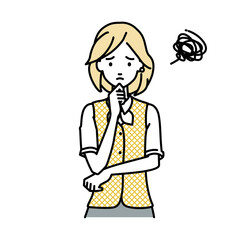 立って手をあごにあてて困っている事務員制服の女性