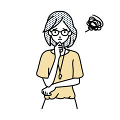 立って手をあごにあてて困っている教師の女性