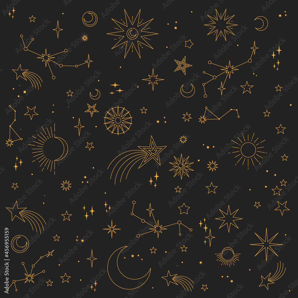 Canvas Prints stars, moons and constellations. linear design astrology elements. seamless pattern of celestial spa