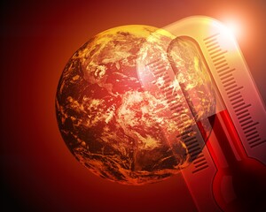 The globe is on fire, global warming, the average temperature on earth is rising in space