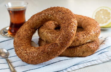 Traditional Turkish breakfast of simit with sesame seeds and Turkish tea