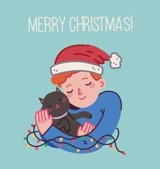 Christmas cat, Merry Christmas illustrations of boy hugging cats, young person with pet portrait in flat cartoon style.
