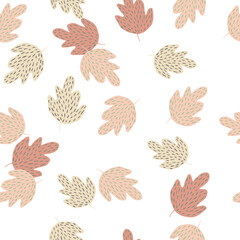 Doodle oak leaves seamless pattern isolated on white background.