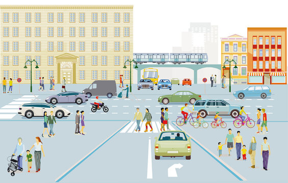 Stadtsilhouette mit Straßenverkehr und Menschen auf dem Bürgersteig, Illustration © scusi