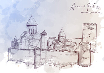 Ananuri fortress in Mtskheta-Mtianeti region in Georgia. Line drawing isolated on grunge watercolor textured background.