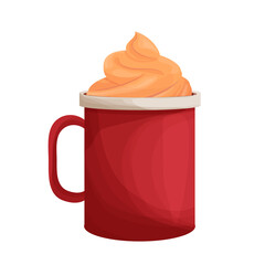 Pumpkin spiced latte, red mug with cream in cartoon style isolated on white background. Coffee hot autumn beverage, seasonal tasty drink.