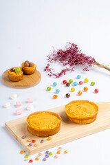 Martabak Mini or Martabak Mini Bangka with various Topping. The martabak mini bangka is made from a mixture of flour, eggs, sugar, baking soda, coconut milk and water.