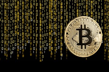 Bitcoin with technology binary code.  Digital data and numbers 0 and 1.