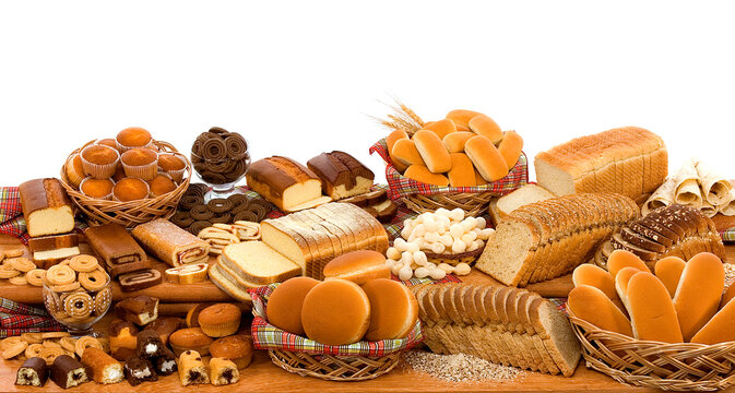 Mix de p&atilde;es industrializados, bolos, rosquinhas, p&atilde;es especiais tudo na mesa em fundo branco para recorte.