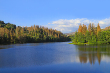 View at the Soesestausee (Sösestausee) at dusk in the Harz Mountains - Germany
