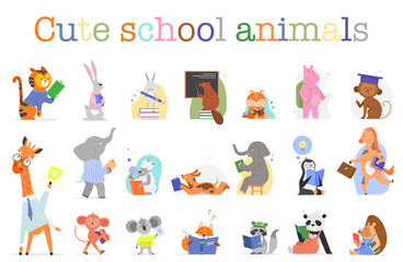 Fototapeta premium Cute animals study in school set, education vector illustration. Cartoon funny zoo wild animal or bird character holding book to read and learn alphabet near cute school animals text isolated on white