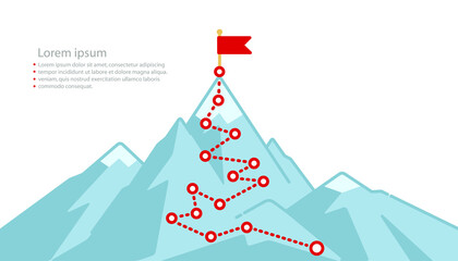 Route to the top and flag on the peak mountain business success concept, goal achievement, victory. Landscape with flag on the mountain. Route to success concept vector illustration