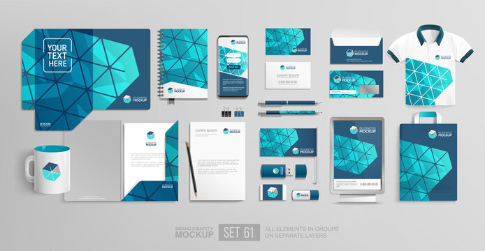 Branding Stationary items mockups of Hi-tech abstract geometric design on A4 document blank folder, mug, paper bag. Minimalistic Corporate Brand Identity design on stationery. Vector template