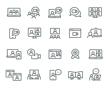 Video Conference Icons Set. Such us Video Call and Chat, Laptop with Camera, Online Meeting and others. 