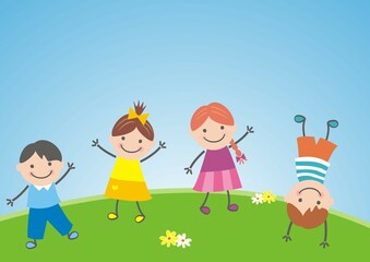 Jumping kids on meadow, funny vector illustration, blue background	