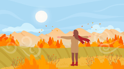 People enjoy nature, sunset in autumn mountain countryside landscape vector illustration. Cartoon happy girl character standing with hands up on field, greeting sun in autumn adventure background