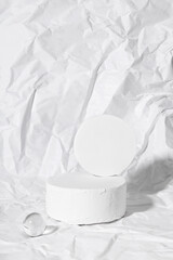 Podium for packaging presentation and cosmetic. Product display with white concrete texture. White clean monochrome image