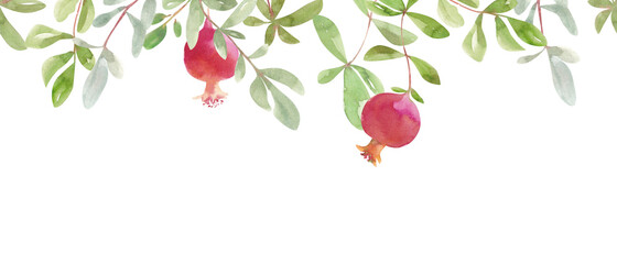Pomegranate fruits. Watercolor seamless border