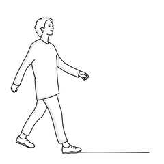 Girl with short hair in comfortable clothes is walking.