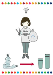 SDGsのシャツを着てゴミ拾いのボランティアをする女の子（ゴミ削減のアイディア等のひらめきをイメージ）