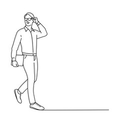 Guy with the folder walking and straightens his glasses.