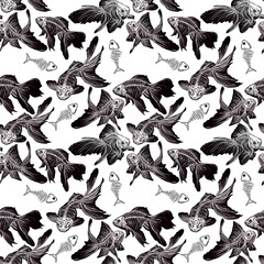 Halloween pattern with skeletons and silhouettes of goldfish
