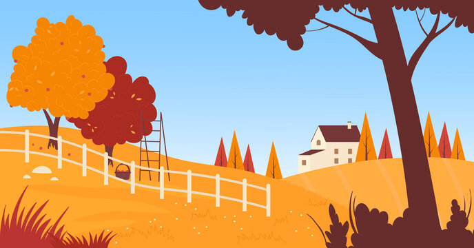 Farm house in autumn, village countryside landscape vector illustration. Cartoon agriculture field, orchard with ladder and garden near farmhouse on hill, autumn cute nature scenery background