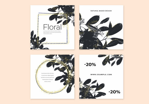 Social Media Layouts with Dark Leaves and Gold Elements