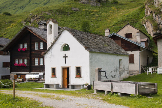 View of the historic center of walser alpine village of Riale in Val Formazza, Piedmont, Italy