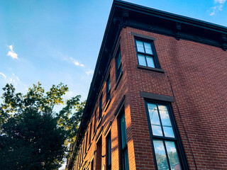 Looking up angled view of block of brownstone row home buildings with trees aligned left. 