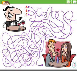 maze game with cartoon waiter and couple in love