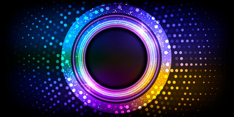 Neon circle with particles.Electric round frame.Disco banner with sparkles.Vector illustration.