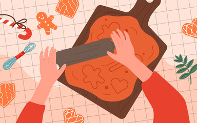Hands roll dough with rolling pin, make cookie on kitchen table top view vector illustration. Cartoon baker woman hands cutting different shape, making cookies on wooden board for baking background