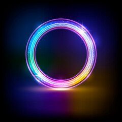 Studio dark background with neon circle.Electric round frame.Design element for your ad, sign, poster, banner. Vector illustration.