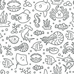 Seamless pattern with marine life. Black and white thin line icons - obrazy, fototapety, plakaty