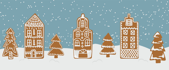 Vector illustration of gingerbread village houses and Christmas trees.Christmas background - obrazy, fototapety, plakaty
