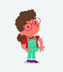  cartoon character of little girl on jeans looks with doubt and somewhat surprised
