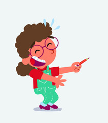  cartoon character of little girl on jeans laughs while pointing to the side with a pencil