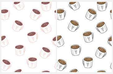 Modern Abstract Seamless Vector Pattern with Black and Pink Cup of Coffee. Funny Mugs with Heart on a White Background. Childish Style Print for Coffee Lovers ideal for Wrapping Papers, Fabric.