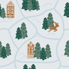 Seamless pattern with winter landscape. Magic winter forest with a gingerbread house.