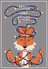 Vector illustration postcard Merry and bright with a tiger symbol of 2022 which is entangled in a garland.

