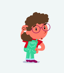  funny cartoon character of little girl on jeans doubting
