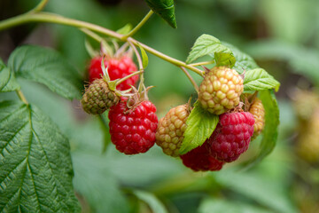 A closeup of a bunch of wild organic raspberries on a bright green bush.  Some of the fresh raspberries are a deep red colour. The raw raspberry fruit is hanging on the stems with vibrant green leaves