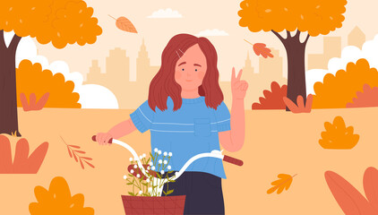 Cute girl cycling in orange autumn park with falling leaves vector illustration. Cartoon child cyclist character showing victory or peace gesture, kid riding bicycle with basket of flowers background