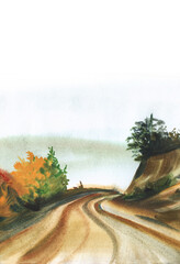 Abstract landscape with a road on a mountain pass with a sharp turn into foggy. Along the edges there are steep ledges and autumn trees. Hand drawn watercolor illustration. Artistic background