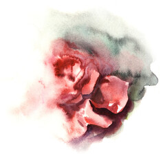 Abstract hand-drawn watercolor illustration. A vague silhouette of a blooming rose made of flowing spots of red and gray paint