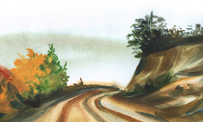 Abstract landscape with a mountain serpentine road and a sharp turn into foggy unknown. Along the edges there are steep ledges and autumn trees. Hand drawn watercolor illustration.